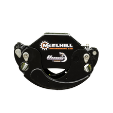 Load image into Gallery viewer, Close-up front detail of the Viper 1100 timber grab, McElhill Engineering branding and jaw pivot pins