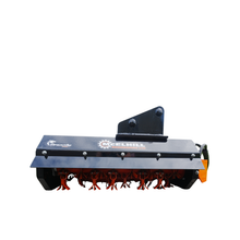 Load image into Gallery viewer, McElhill Grizzly Flail Head 800 low angle view showing the orange flails beneath the hood, with headstock bracket on top