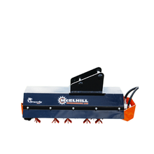 Load image into Gallery viewer, McElhill Grizzly Flail Head 800 excavator attachment, straight-on front view with blue steel hood and orange flails